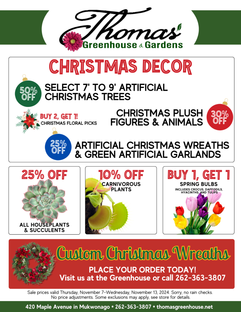 "Promotional flyer for Thomas's Greenhouse & Gardens featuring Christmas decor sales and discounts. At the top of the flyer, there is the Thomas's Greenhouse & Gardens logo, which includes a pink flower in the word 'Thomas's' and green leaves incorporated into the text. Below the logo, in bold red text, it reads 'CHRISTMAS DECOR.' The flyer lists the following offers: 50% OFF select 7' to 9' artificial Christmas trees. 'BUY 2, GET 1 FREE' deal on Christmas floral picks. 30% OFF Christmas plush figures and animals. 25% OFF artificial Christmas wreaths and green artificial garlands. Additional plant discounts include: 25% OFF all houseplants and succulents. 10% OFF carnivorous plants. A separate section highlights a 'BUY 1, GET 1 FREE' offer on spring bulbs, including varieties such as crocus, daffodils, hyacinths, and tulips. At the bottom of the flyer, a red section promotes 'Custom Christmas Wreaths' with a green wreath illustration. The text says, 'PLACE YOUR ORDER TODAY! Visit us at the Greenhouse or call 262-363-3807.' The flyer notes that sale prices are valid from Thursday, November 7 to Wednesday, November 13, 2024. It states, 'Sorry, no rain checks. No price adjustments. Some exclusions may apply; see store for details.' The footer provides contact information: '420 Maple Avenue in Mukwonago • 262-363-3807 • thomasgreenhouse.net.'"